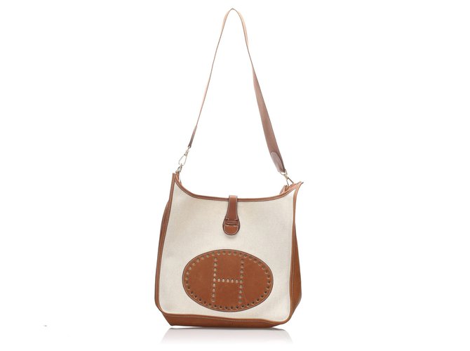 Hermès Hermes White Toile Evelyne GM Brown Leather Cloth Pony-style calfskin Cloth  ref.203718