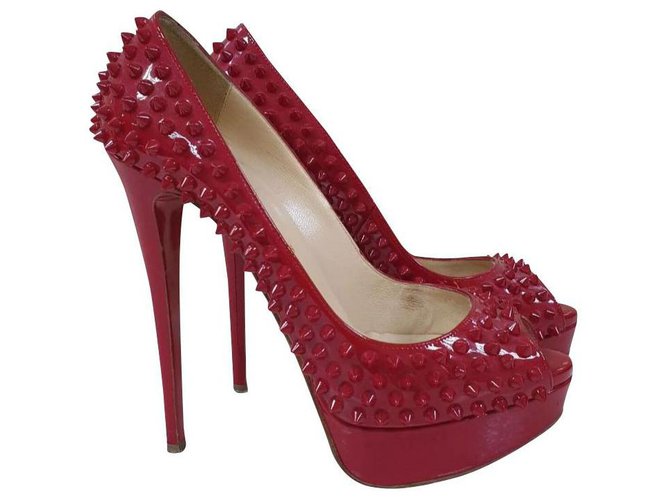 CHRISTIAN LOUBOUTIN Red Spikes Studs Lady Peep- Eu 39,5 Leather  ref.203842
