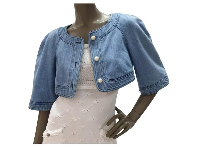 CHANEL Cropped Denim Pearl Button Jacket Bolero  Blue  -  Joli Closet