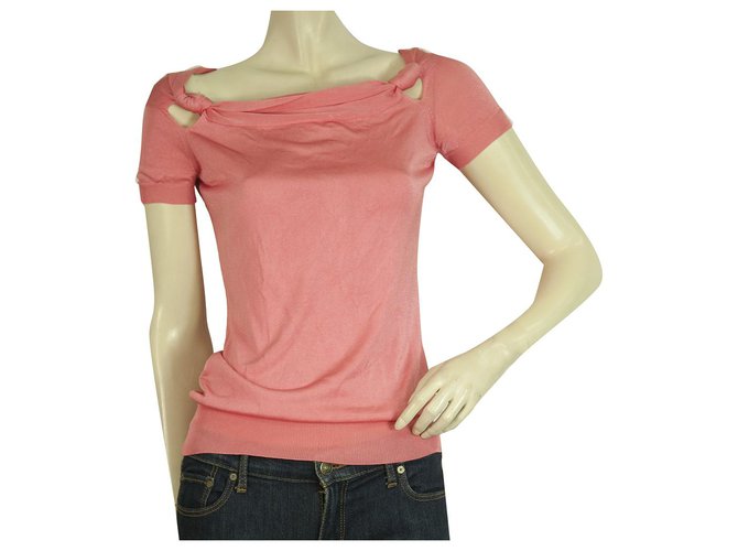 GUCCI Bright Pink Viscose blend Short Sleeve Top Blouse with knots - Sz S  ref.203881