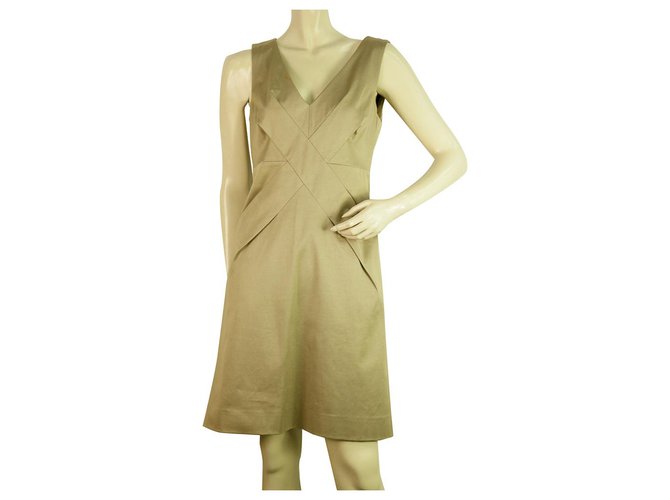 GUCCI Khaki Sleeveless Pencil Sheath Cotton Dress with X front Size 42 Taupe  ref.203883