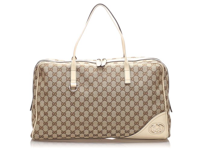 Gucci Brown GG Canvas Travel Bag White Beige Leather Cloth Pony-style calfskin Cloth  ref.203933