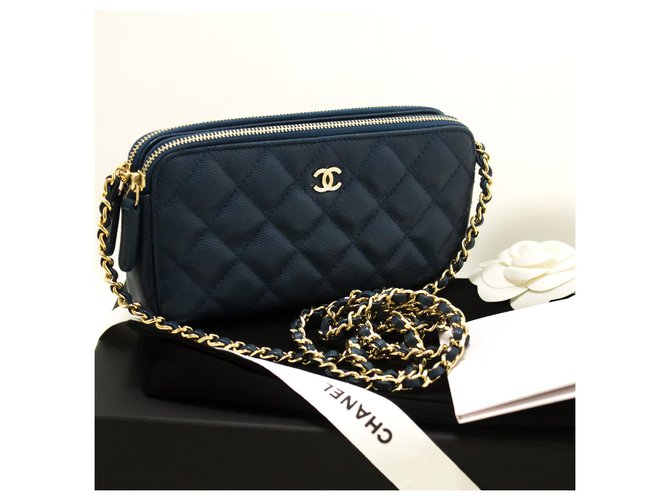 CHANEL Caviar Navy Wallet On Chain WOC W Zip Chain Shoulder Bag Navy blue Leather  ref.204012