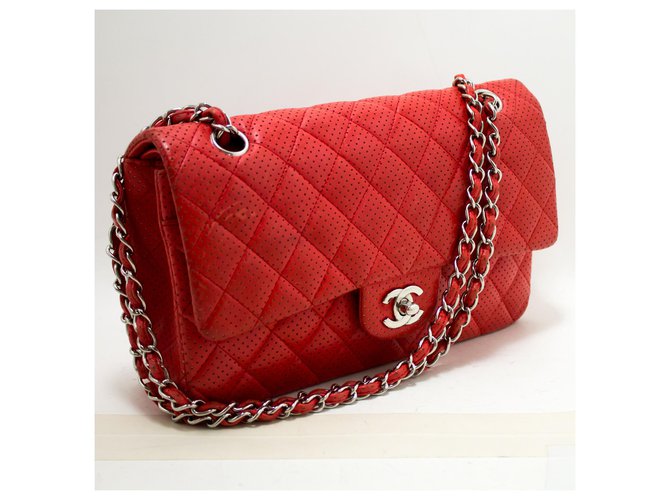 CHANEL Red Punching Leather lined Flap Chain Shoulder Bag Quilted