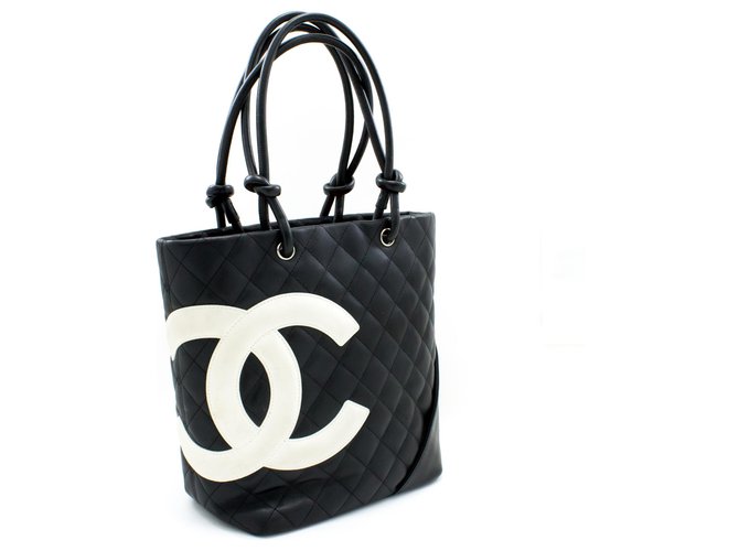 CHANEL Cambon Tote Small Shoulder Bag Black White Quilted calf