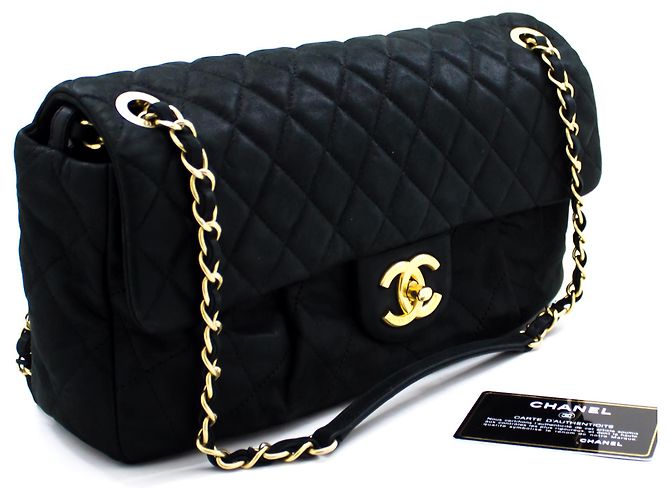 CHANEL couro de bezerro Sparkle Leather Chain Shoulder Bag Preto acolchoado