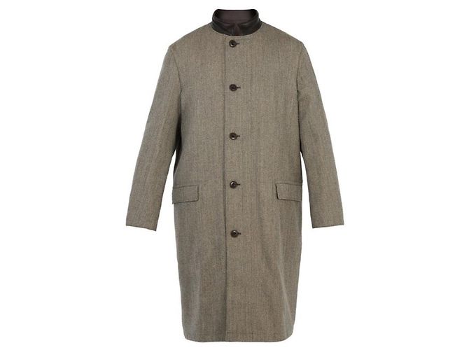 Lemaire Reversible Wool Coat with Leather Collar Grey