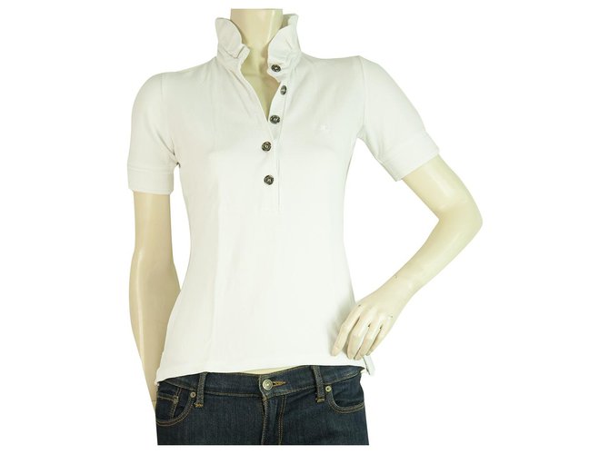 Burberry London White Frill Collar Polo neck T- Shirt Top sz XS Cotton  ref.204370