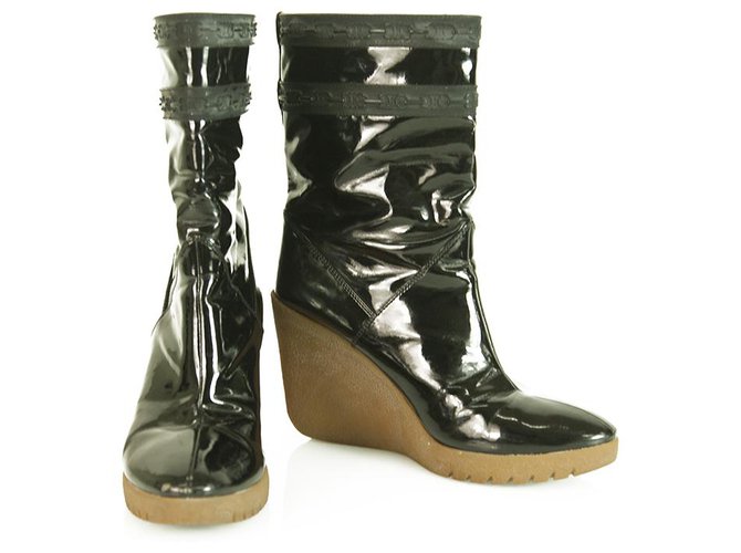 Céline Celine Black Patent Leather Beige Crepe Wedge Platform Booties Shoes Boot 40  ref.204372