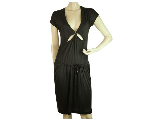 Tomas Maier Black Silk V Neckline w. Slits Cap Sleeves Knee Jersey Dress size 36  ref.204404