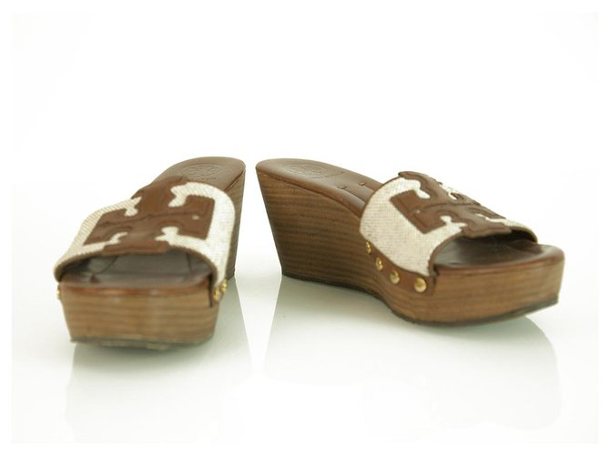 Tory Burch Patti Beige Canvas Tan Leather Platform Shoes Slides Sandals sz    - Joli Closet