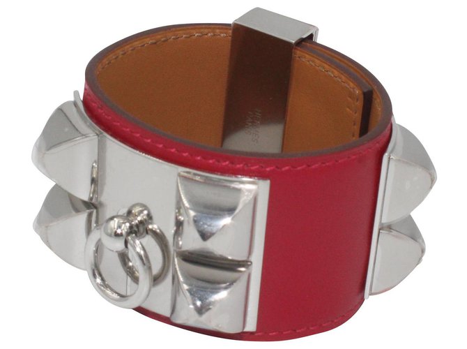 Hermès Armband Collier de Chien Rot-Silber Leder  ref.204407