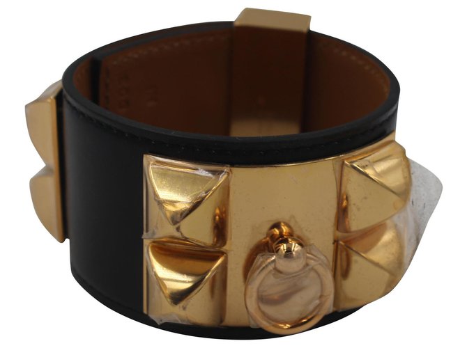 Hermès Armband „Collier de Chien“ Schwarz-Gold Leder  ref.204408