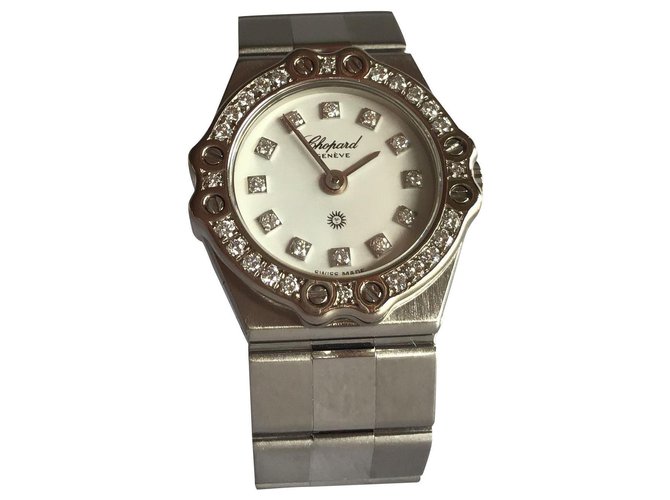 Chopard 18K White Gold Diamond Bezel  Ladies Watch Silvery Steel  ref.204414