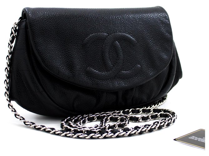CHANEL Caviar Half Moon WOC Schwarze Brieftasche an der Schulter der Kettenkupplung Leder  ref.204617