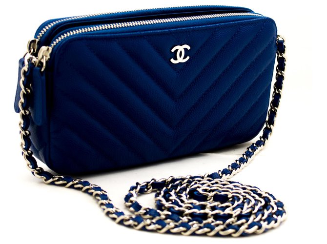 CHANEL Blue Caviar Wallet On Chain WOC V-Stitch Shoulder Bag