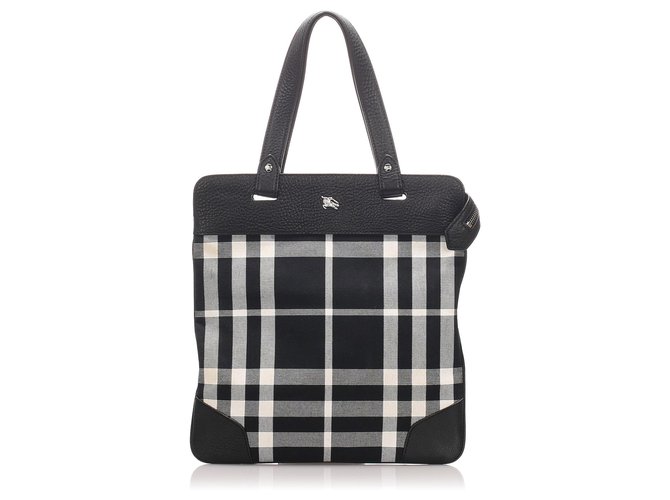 Burberry Black Plaid Canvas Tote Bag White Leather Cloth Pony-style calfskin Cloth  ref.204661