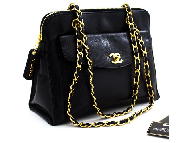 CHANEL Caviar Large Chain Shoulder Bag Black Leather Gold Hardware