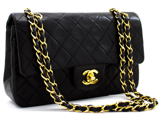 Chanel 2.55 gefütterte Klappe 9"Classic Chain Shoulder Bag Schwarzes Lamm Leder  ref.204684