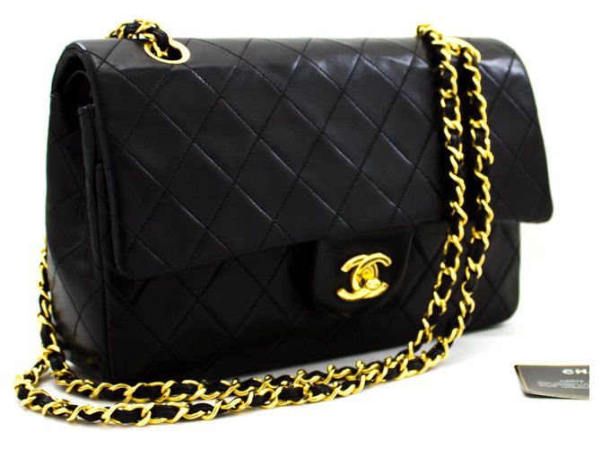 Chanel 2.55 gefütterte Klappe 10"Chain Shoulder Bag Black Lambskin Schwarz Leder  ref.204688