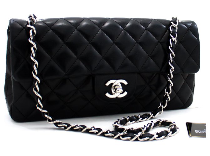 CHANEL Silver Hw Single Flap Chain Shoulder Bag Black Quilted Lam Leather  ref.204915