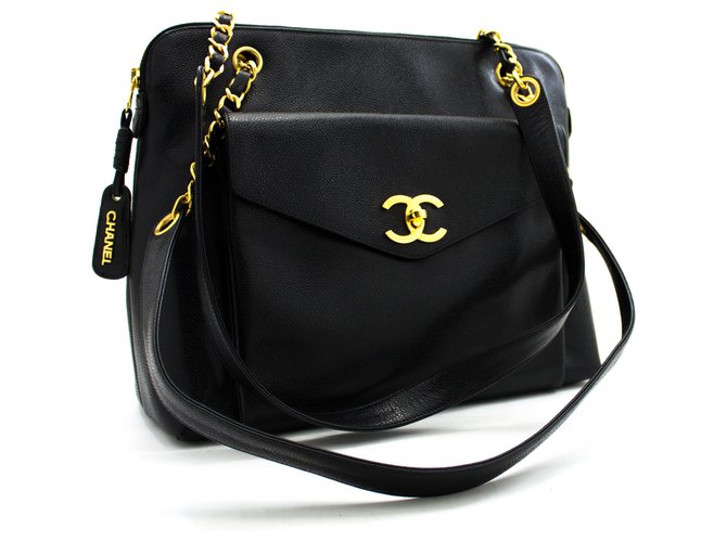 CHANEL Caviar Large Chain Shoulder Bag Black Leather Gold Hw  ref.204921
