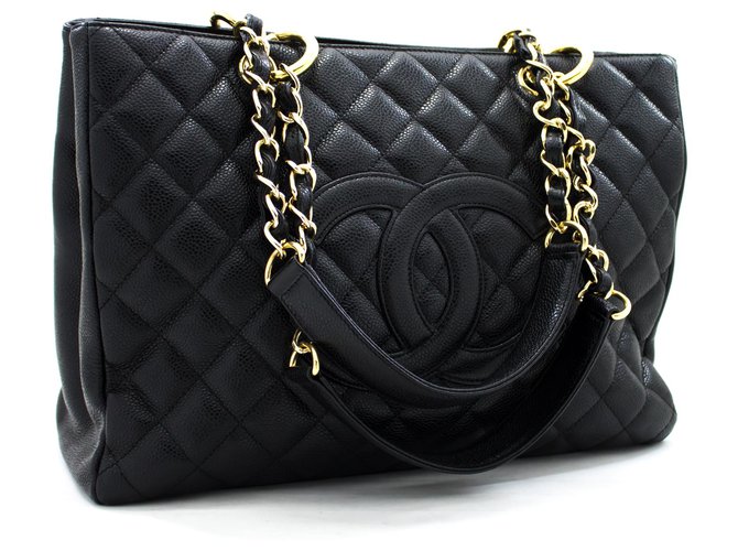 CHANEL Caviar GST 13" Grand Shopping Tote Chain Shoulder Bag Black Leather  ref.204924