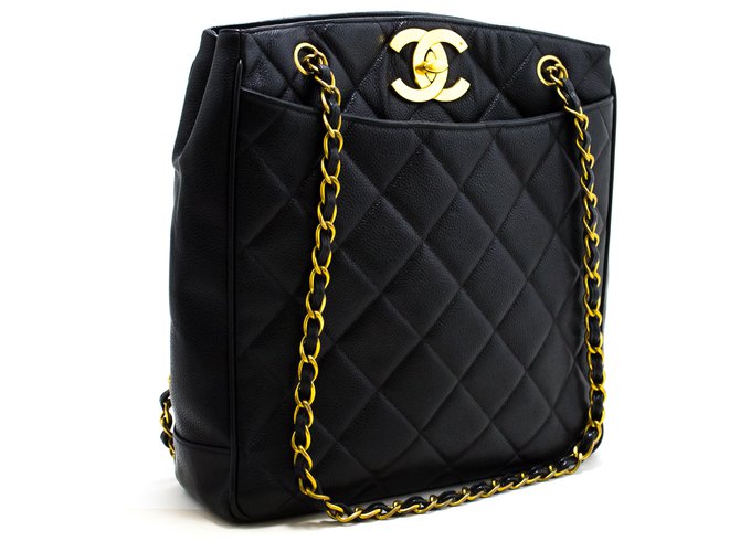 Vintage Chanel CC Chain Shopping Tote Bag Black Lambskin Gold Hardware