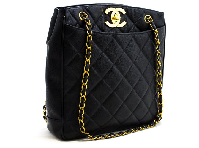 CHANEL Grand sac à bandoulière en chaîne CC Caviar or noir Porte-monnaie en cuir noir  ref.204927