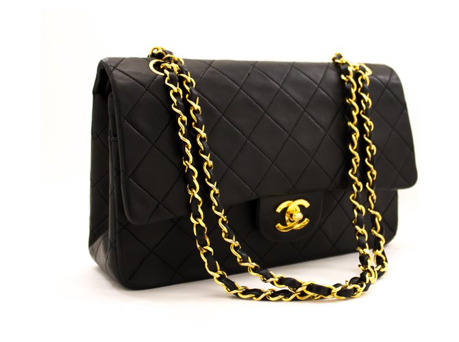 Chanel 2.55 gefütterte Klappe 10"Chain Shoulder Bag Black Lambskin Schwarz Leder  ref.204938