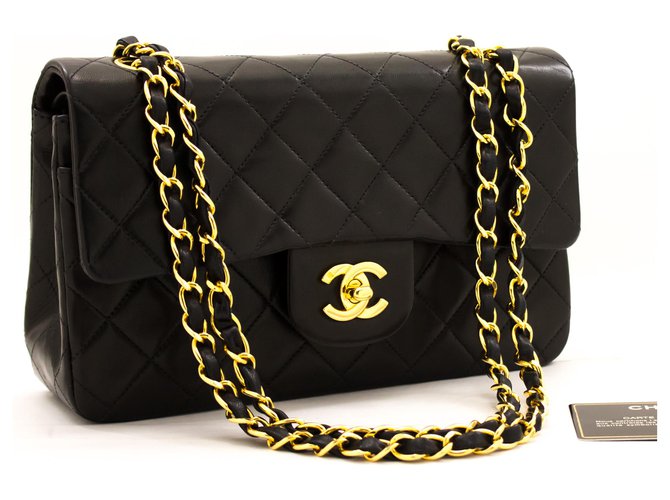 Chanel 2.55 gefütterte Klappe 9"Chain Shoulder Bag Black Lambskin Purse Schwarz Leder  ref.204939