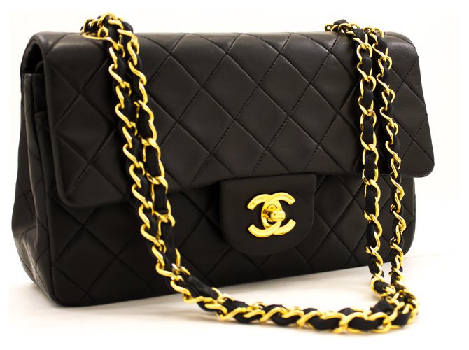 Chanel 2.55 gefütterte Klappe 9"Chain Shoulder Bag Black Lambskin Purse Schwarz Leder  ref.204942
