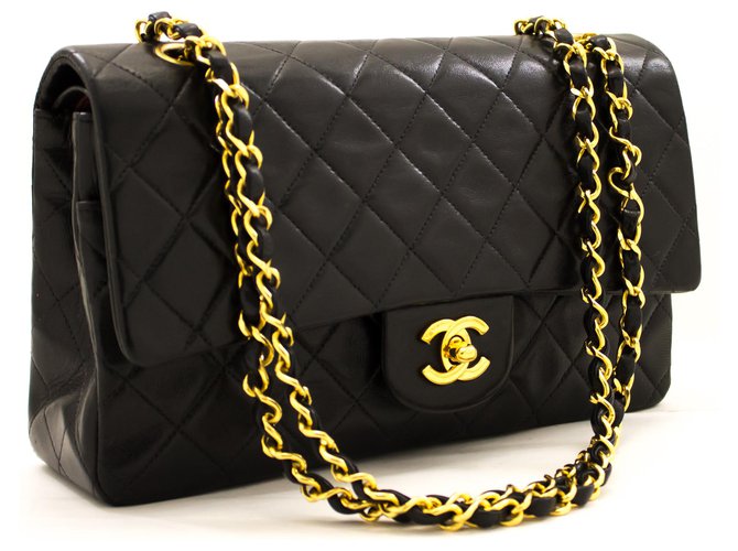 Chanel 2.55 gefütterte Klappe 10"Chain Shoulder Bag Black Lambskin Schwarz Leder  ref.204947