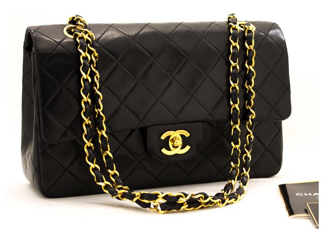 Chanel 2.55 gefütterte Klappe 10"Chain Shoulder Bag Black Lambskin Schwarz Leder  ref.204951