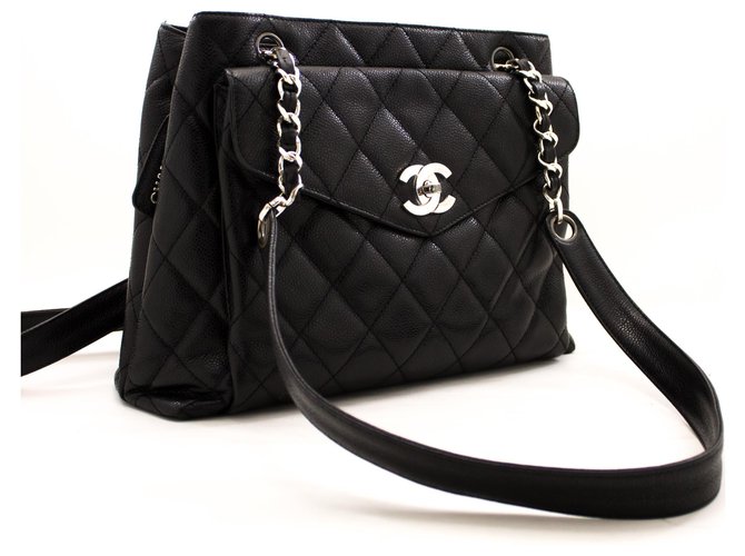 CHANEL Caviar Quilted Chain Shoulder Bag Black Leather Silver ref