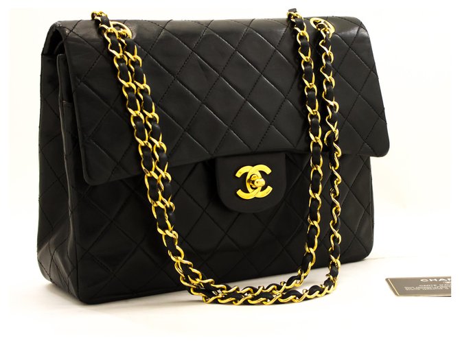 Chanel 2.55 Bolso de hombro cuadrado con solapa y forro de piel de cordero negro Cuero  ref.205038