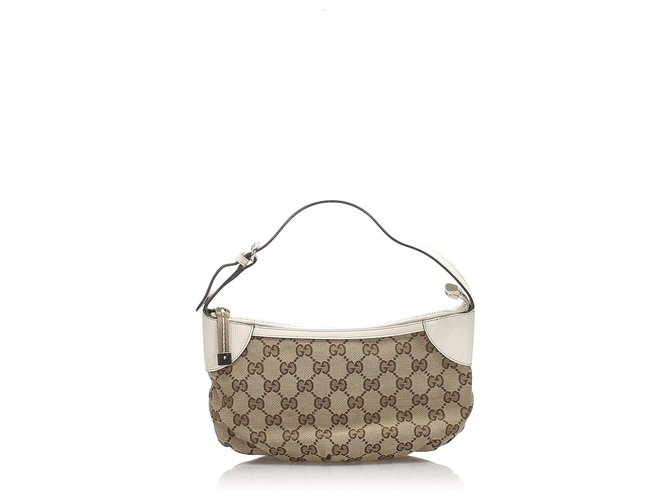 Gucci Brown GG Canvas Baguette White Beige Leather Cloth Pony-style calfskin Cloth  ref.205297