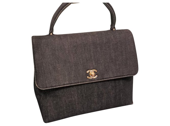 Vintage Chanel denim CC turnlock top handle tote bag Black Cotton  ref.205482