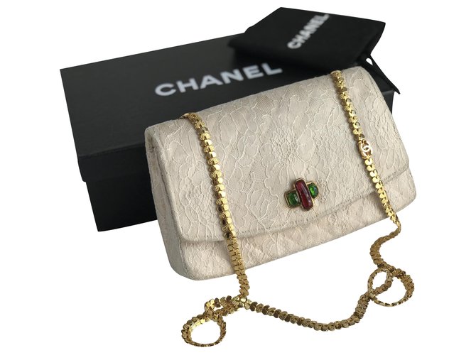 Timeless Chanel Seltene zeitlose Vintage Handtasche Beige Roh Seide Spitze  ref.205673