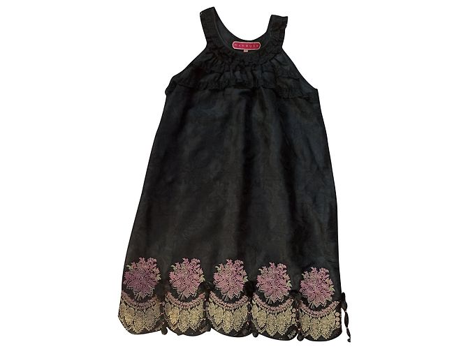 Vestido Manoush de seda preto bordado com renda e borlas