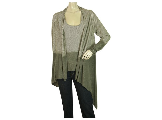 Autre Marque BP Studio Débardeur Rayures Beige Marron Cardigan Cardi Coton Lin Set taille M Vert foncé  ref.205762