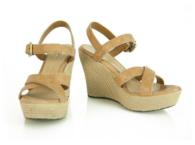 Ugg Australia Jasmine Embossed Tan Leather Wedge Heel Sandal Platform Chaussures 40 Beige