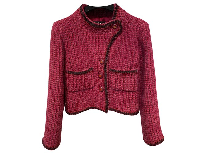 Chanel Chaquetas Negro Rosa Roja Lana  ref.205789