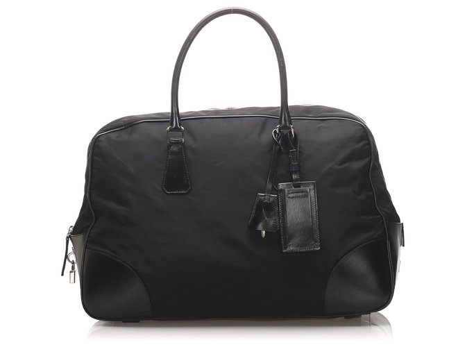 Prada Black Tessuto Travel Bag Leather Pony style calfskin Nylon Cloth ref.206642 Joli Closet