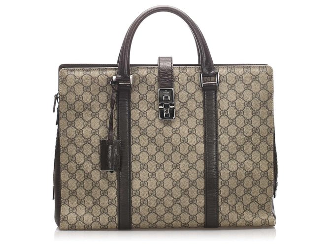 Gucci Brown GG Supreme Business Bag Beige Leather Cloth Pony-style calfskin Cloth  ref.206869