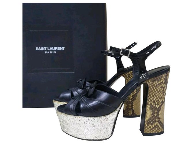 Saint Laurent schwarze Leder Python Heels Plateau Sandalen Gr.36 Mehrfarben  ref.206977