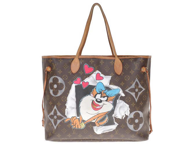 Louis Vuitton Neverfull GM tote (Big model) customized "TAZ" and numbered #72 by artist PatBo Brown Leather Cloth  ref.207081