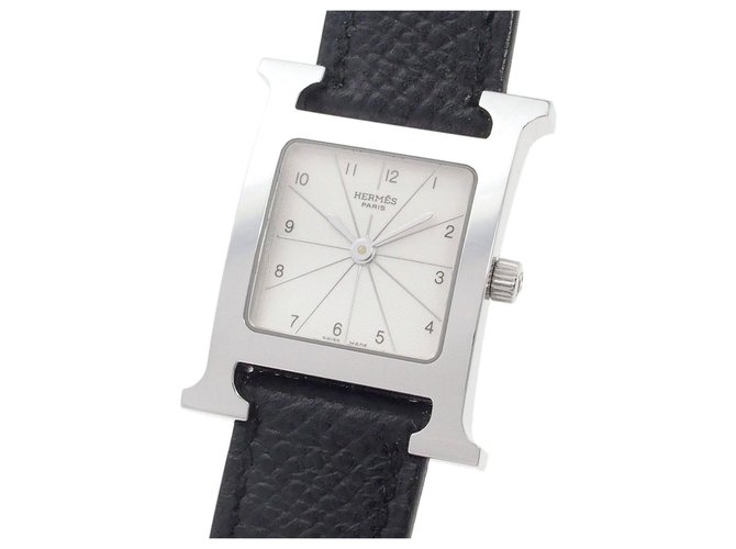 Hermès Hermes Silver H Uhr Schwarz Silber Leder Stahl Metall Kalbähnliches Kalb  ref.207249