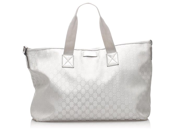 Gucci Silver GG Canvas Travel Bag Cuir Toile Veau façon poulain Tissu Argenté  ref.207297
