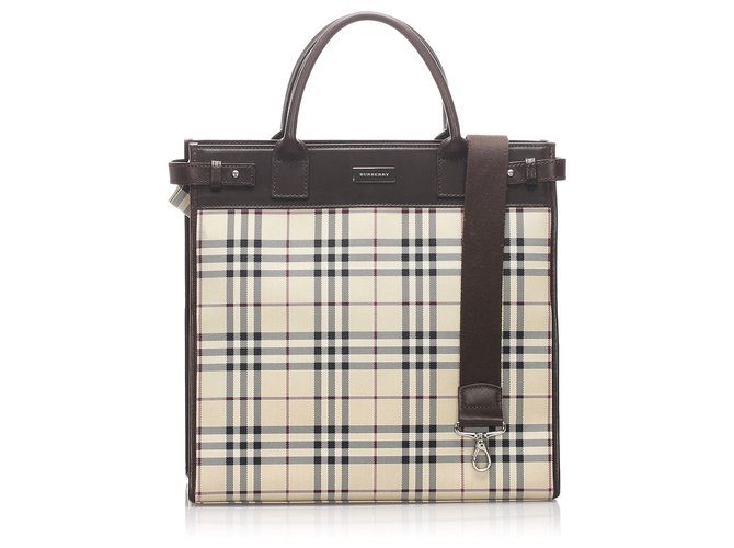 Burberry Brown House Check Canvas Satchel Multiple colors Beige Leather Cloth Pony-style calfskin Cloth  ref.207303